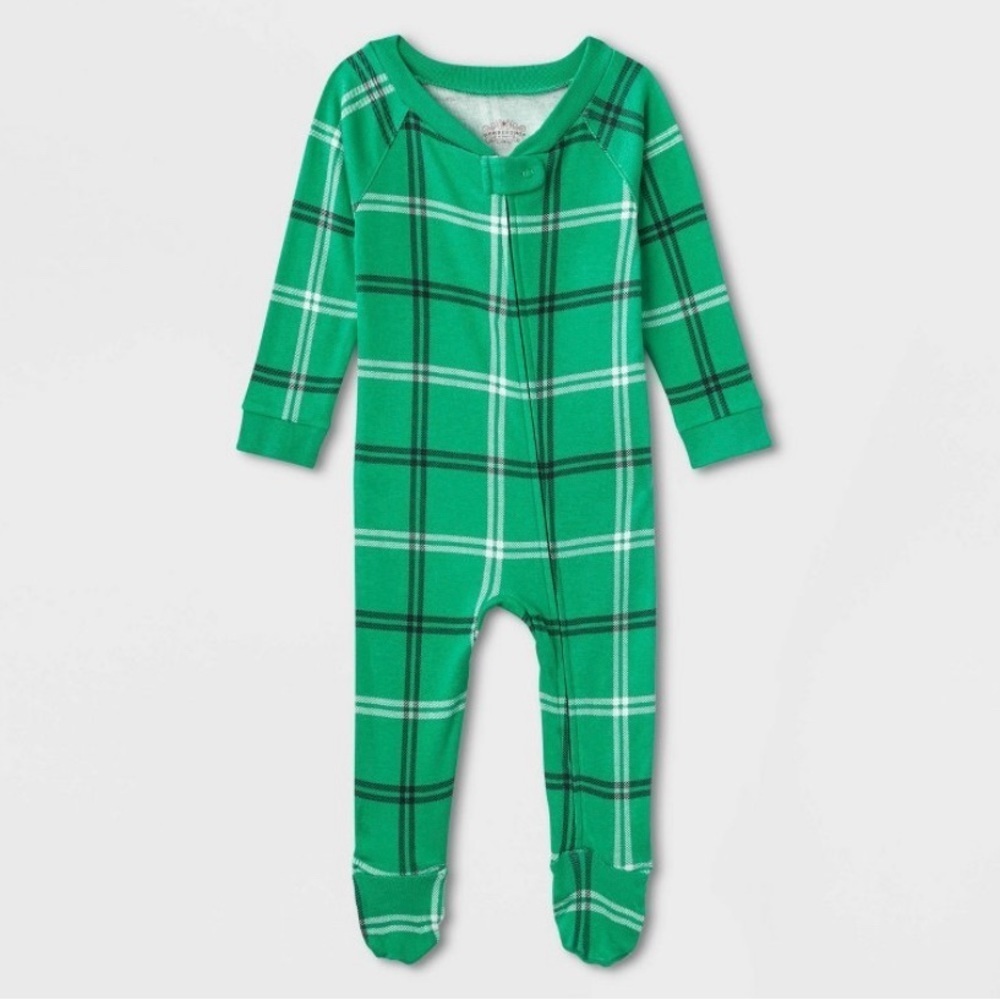 WONDERSHOP PLAID FOOTED PAJAMAS -GREEN SIZE  3-6 M (NEW WITH TAGS)